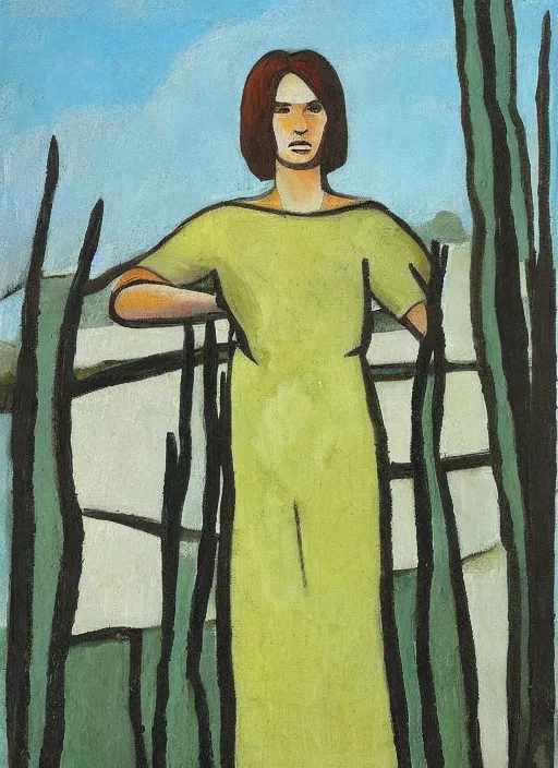 Image similar to a painted portrait of a confident women standing outside, art by felice casorati, aesthetically pleasing and harmonious natural colors, expressionism, natural light, fine day, portrait