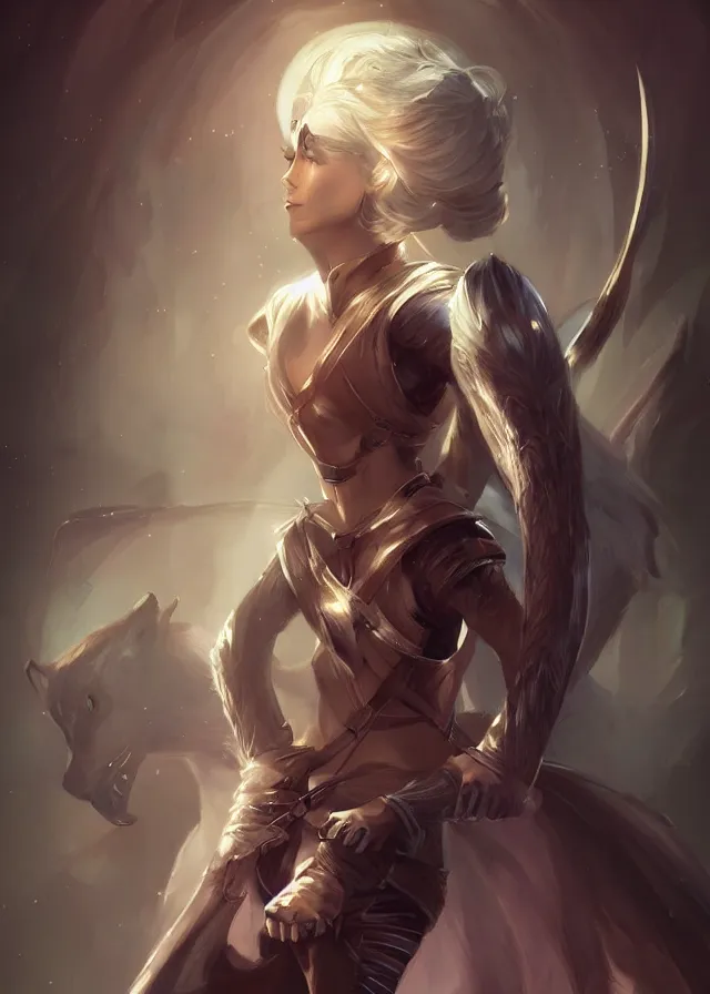 Prompt: a noble knight women with her spirit raccoon resting on her shoulders, by artgerm, charlie bowater, inspired by dragon age inquisition featured on artstation