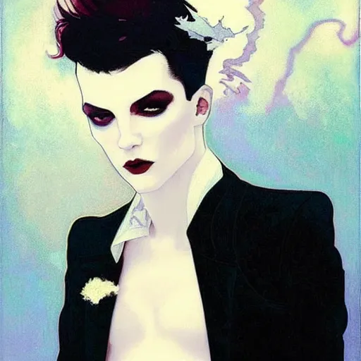 Image similar to stunning portrait of androgynous ruby rose as desire from sandman in a white tuxedo!!!, rockabilly style,, by alphonse mucha, by jeremy mann, by peter lindbergh, dave mckean, by maurice sapiro, by frank moth, white suit and black tie, soft lightning, high detailed, 8 k