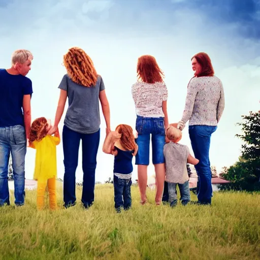 Prompt: A familiy of five all looking to the right, mother has blonde hair, all under beautiful sky