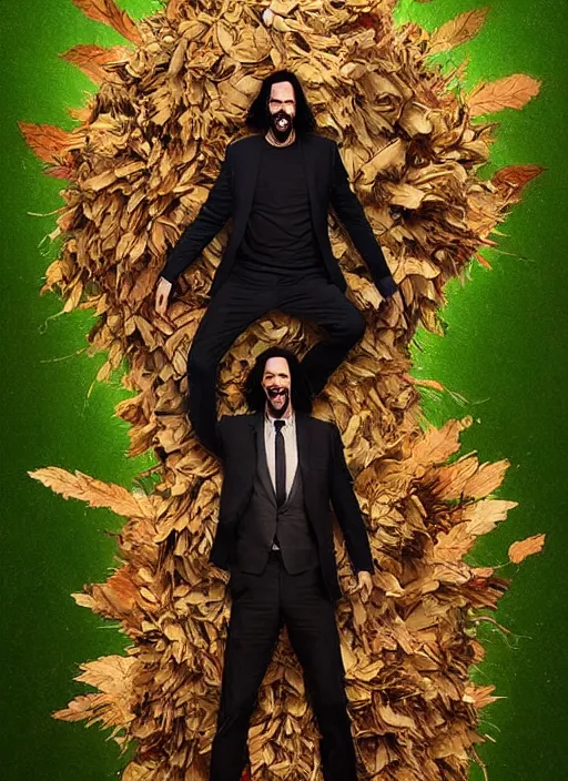 Image similar to highly detailed comedy caper movie poster with silly wacky zany keanu reeves as a sentient pile of leaves, keanu reeves green face as tree sentient leafy bush, falling through a leafy mind chasm by greg rutkowski, masterpiece, really funny, 1 0 / 1 0 comedy