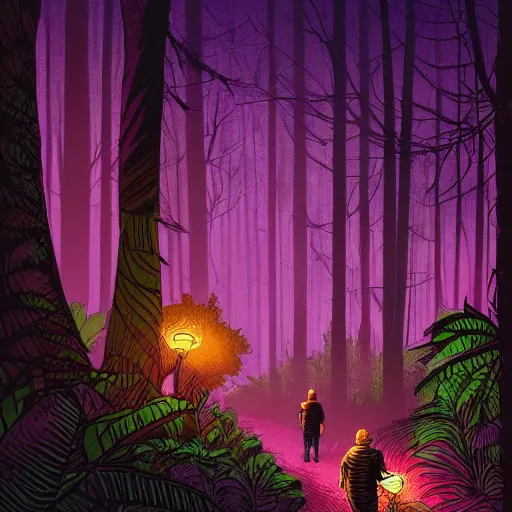 Image similar to a path through the jungle illuminated with torches, by dan mumford, artstation