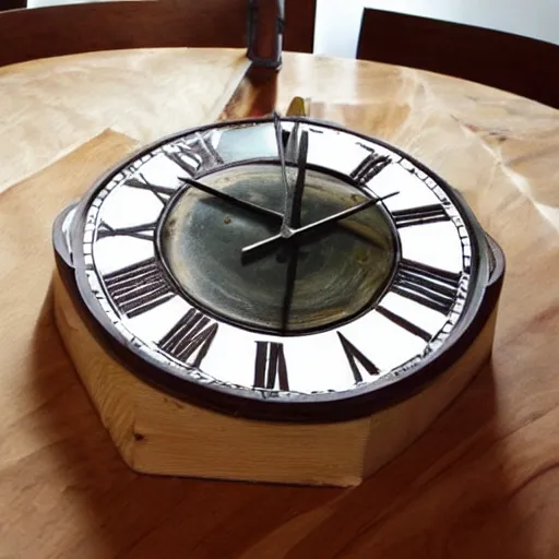 Prompt: a table made out of a clock,