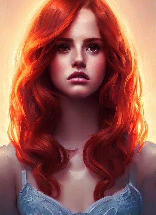 Image similar to portrait of teenage cheryl blossom, bangs and wavy hair, bangs, intricate, elegant, glowing lights, highly detailed, digital painting, artstation, concept art, smooth, sharp focus, illustration, art by wlop, mars ravelo and greg rutkowski