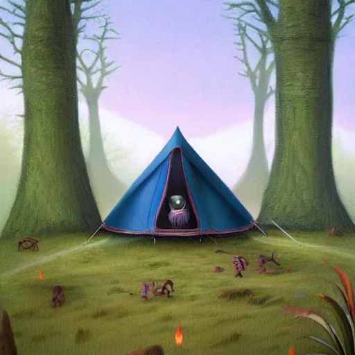 Image similar to a tent by the river in the deep, remote woods by chris leib, from nightmare before christmas | detailed | elegant | trending on artstation