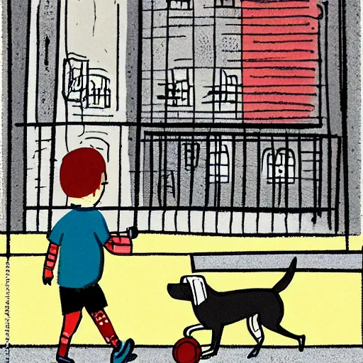 Prompt: illustration of boy playing football with his dog on the streets of paris, his dog dog is a corgi that wears a polkadot scarf