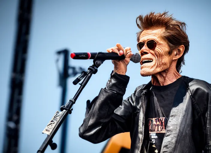 Prompt: photo still of willem dafoe on stage at vans warped tour!!!!!!!! at age 4 0 years old 4 0 years of age!!!!!!! singing into a mic, 8 k, 8 5 mm f 1. 8, studio lighting, rim light, right side key light