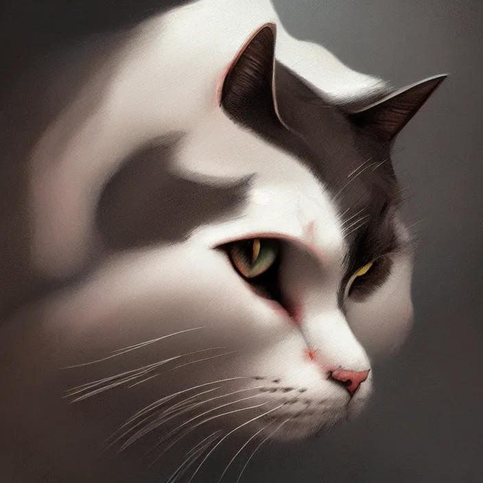 Image similar to profile face portrait of a cat shape like dog eating cakes in the cloisters, beautiful face, hyper realistic, highly detailed, digital painting, artstation, illustration, concept art by hyung tae and frank frazetta, digital paint, matte paint, washed colors, dark, gloomy