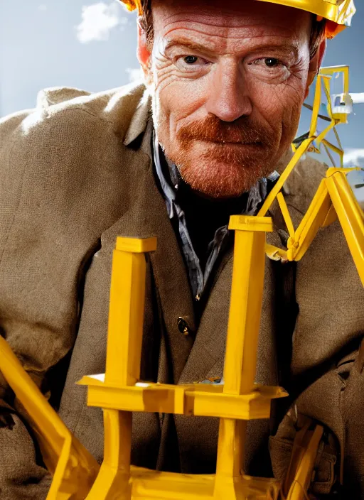 Image similar to closeup portrait of mecha bryan cranston with construction crane spider legs, yellow hardhat, natural light, bloom, detailed face, magazine, press, photo, steve mccurry, david lazar, canon, nikon, focus