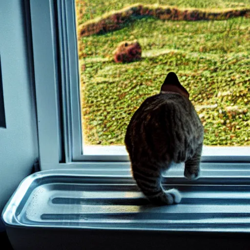 Image similar to cat watching a martian landscape from inside a window, standing in the floor next to a bowl with cat food