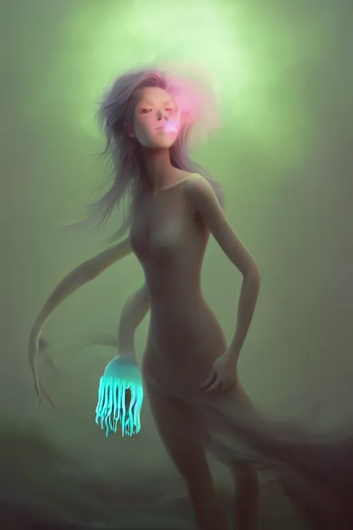 Prompt: Bioluminescent jellyfish, Her breath shot a haze of steam out into the frosty morning air concept, soft light, soft mood, realistic body features and face, illustration, painting oil on canvas by Elena Zhurikhina and Goro Fujita and Charlie Bowater, octane render trending on artstation, 4k, 8k, HD