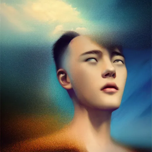 Prompt: 3 d, sci - fi, close - up, night, smiling fashion model face, moon rays, cinematic, clouds, vogue cover style, man on the horizon, blue mood, realistic painting, intricate oil painting, high detail illustration, figurative art, multiple exposure, poster art, 3 d, by tooth wu and wlop and beeple