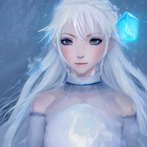 Image similar to white-haired anime girl frozen in an ice floe, fashion is running D&D, fantasy, intricate, elegant, highly detailed, digital painting, artstation, concept art, matte, sharp focus, illustration, art by Artgerm and Greg Rutkowski and Alphonse Mucha, UHD