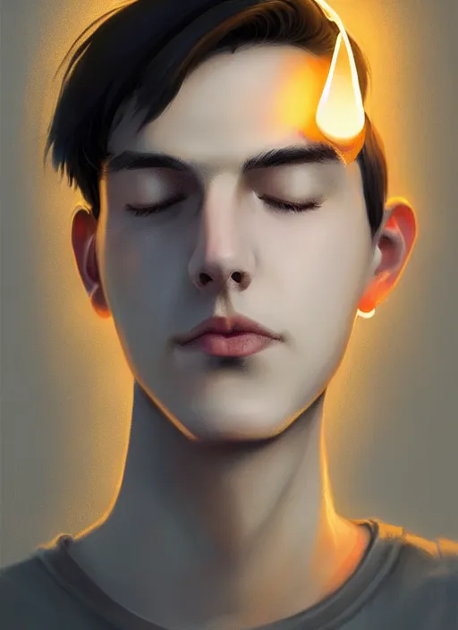 Image similar to portrait of teenage jughead jones wearing a light grey crown, photorealistic, crown, eyes closed, crown, black hair, intricate, elegant, glowing lights, highly detailed, digital painting, artstation, concept art, smooth, sharp focus, illustration, art by wlop, mars ravelo and greg rutkowski