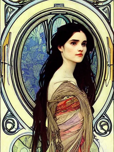 Image similar to a beautiful painting of young winona ryder by Alphonse Mucha and by Mark Brooks and by john william waterhouse and by arthur rackham, Art Nouveau, Neo-Gothic, gothic, award winning painting, hyperdetailed, detailed