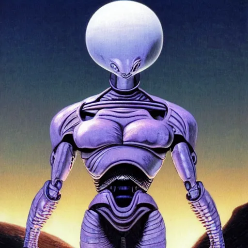 Prompt: still photo of alien in dragon ball (1989), head and chest only, exotic alien features, robotic enhancements, desaturated, Tim Hildebrandt, Wayne Barlowe, Bruce Pennington, donato giancola, larry elmore, oil on canvas, masterpiece, trending on artstation, featured on pixiv, cinematic composition, dramatic pose, beautiful lighting, sharp, details, hyper-detailed, HD, HDR, 4K, 8K