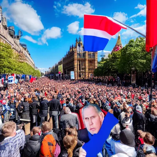 Prompt: a picture of westminster with a gigantic crowd of protestors on the street, the sky is blue and everyone is holding russian flags or posters with prince andrew's face wide shot hyperrealistic photography 7 0 mm