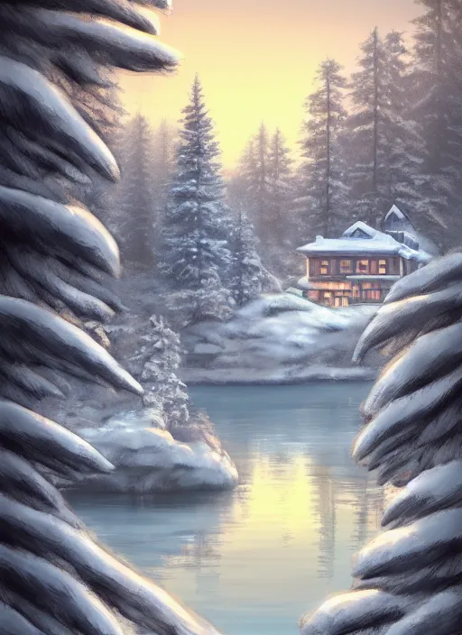 Prompt: a lake house in winter, trending on artstation, ghibli style, anime, concept art,