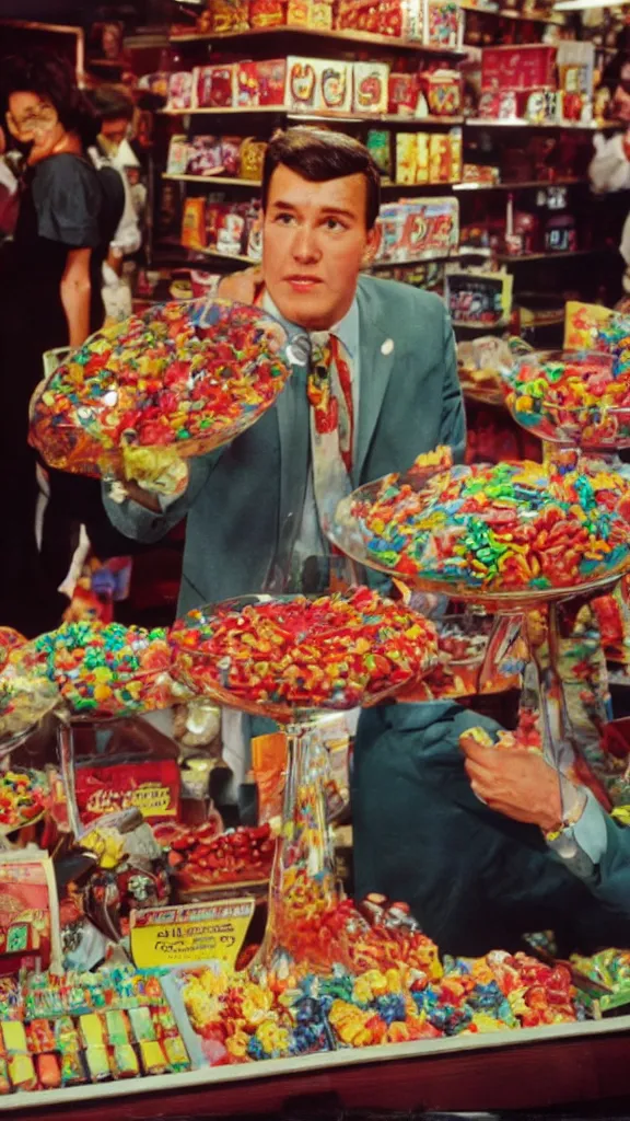 Image similar to closeup 6 0 s photo of a business man in a candy shop, kodachrome