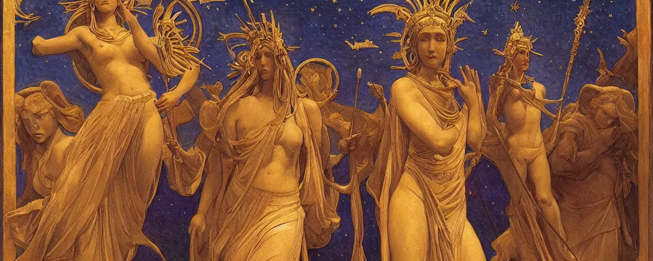 Image similar to saint woman, venus, athena, queen, by annie swynnerton and nicholas roerich and jean delville, strong dramatic cinematic lighting, ornate headdress, flowing robes, lost civilizations, smooth, sharp focus, extremely detailed, marble, stars, gold, space