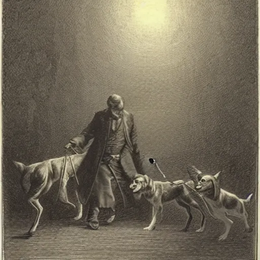 Image similar to a gentleman leading wild dogs on a leash, creepy, chiaroscuro, dark night, illustration by Gustave Doré,