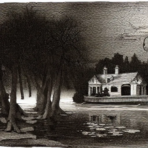 Image similar to the house by the lake, illustration by Gustav Doré