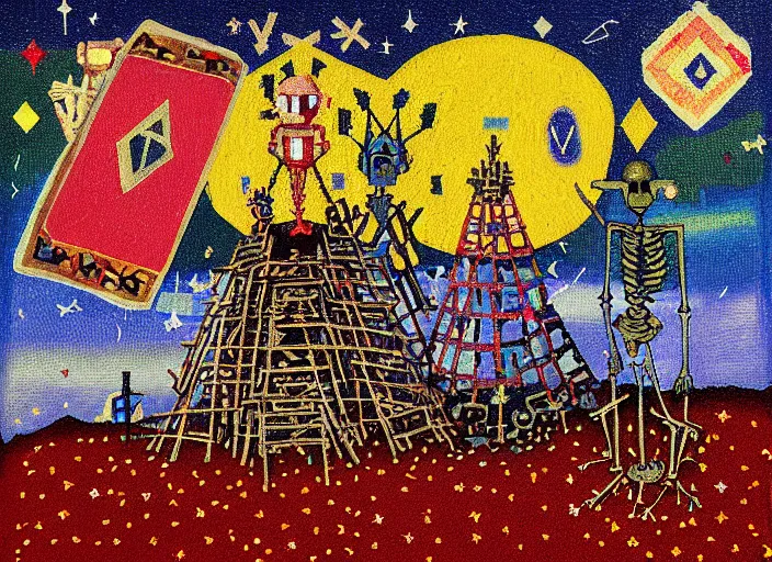 Image similar to pixel decollage painting tarot lovers card composition tower of babel road red armor maggot bear and wonky alien frog skeleton knight on a horse in a dark red cloudy night sky with golden foil jewish stars and diamonds, mountain lake and blossoming field in background, painted by Mark Rothko, Helen Frankenthaler, Danny Fox and Hilma af Klint, pixelated, neo expressionism, semi naive, pastel colors, cinematic, color field painting, cave painting, voxel, pop art look, outsider art, minimalistic. Bill Traylor painting, part by Philip Guston and Francis Bacon. art by Adrian Ghenie, very coherent symmetrical artwork, cinematic, hyper realism, high detail, octane render, unreal engine, Smooth gradients, depth of field, full body character drawing, extremely detailed, 8k, extreme detail, intricate detail, masterpiece