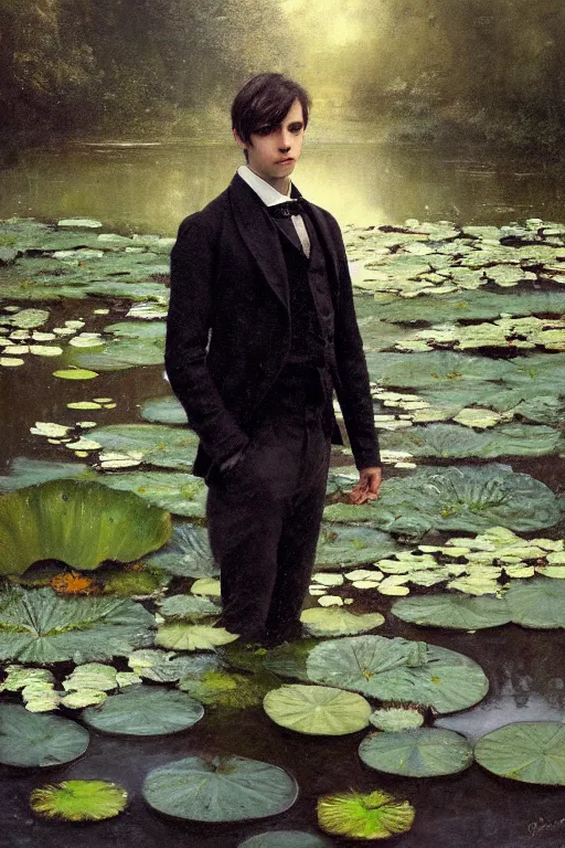 Image similar to detailed cinematic moody colors studio portrait of a young victorian gentleman in a beautiful victorian water pond, water lilies, high quality by jeremy mann, only one head single portrait