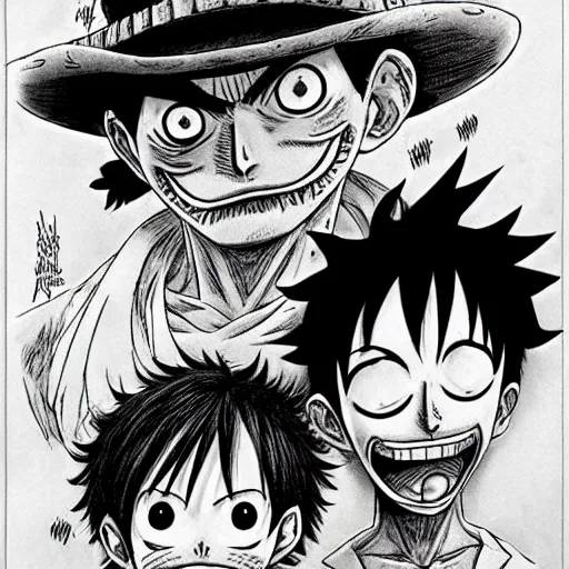 Image similar to [ luffy mustache ] ( by kim jung gi ) ( by george morikawa ) ( by kentaro miura ) ( by eiichiro oda )