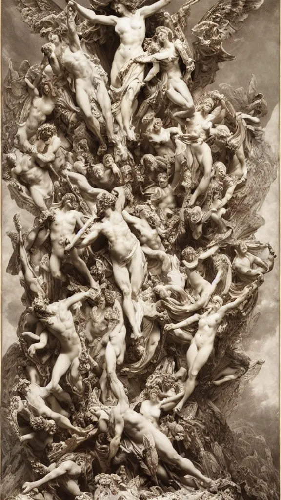 Image similar to an epic sculpture made of marble and ivory, fall of the rebel angels, by gustave dore, by alphonse mucha, hell, sculpture standing on in a large studio space, monumental, epic, detailed, intricate, volumetric lighting, realistic, octane render, in frame, 2 0 % pearlescent detailing