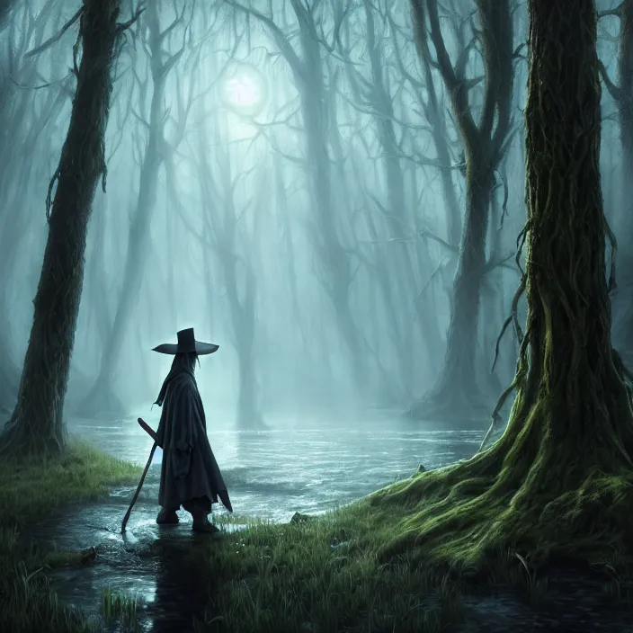 Image similar to mystical wizard in haunted swamp, highly detailed, d & d, fantasy, highly detailed, digital painting, trending on artstation, concept art, sharp focus, illustration, global illumination, ray tracing, realistic shaded, art by artgerm and greg rutkowski and fuji choko and viktoria gavrilenko and hoang lap