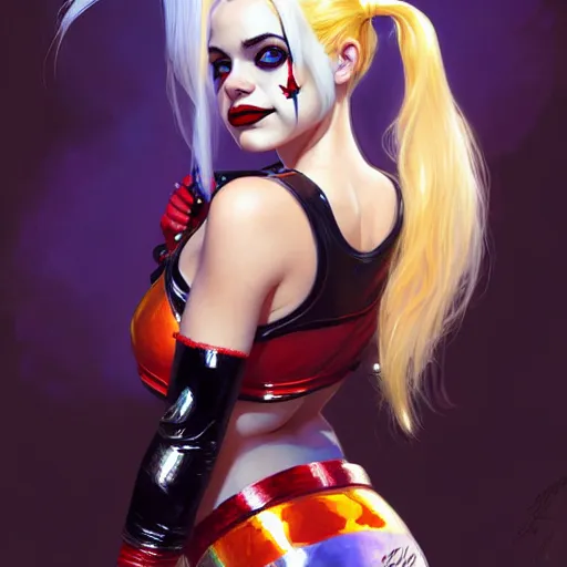 Image similar to Harley Quinn, Portrait of a girl with blonde hair and two pigtails wearing a shiny latex top, face, fantasy, intricate, elegant, highly detailed, digital painting, artstation, concept art, smooth, sharp focus, illustration, art by Fernanda Suarez and Artem Demura and alphonse mucha