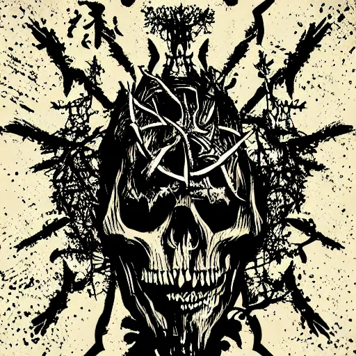 Image similar to dark death metal themed vector illustration for a record label, trees. forest, spikes, skull, microphone, skull, award winning, grunge, iconic, golden ratio