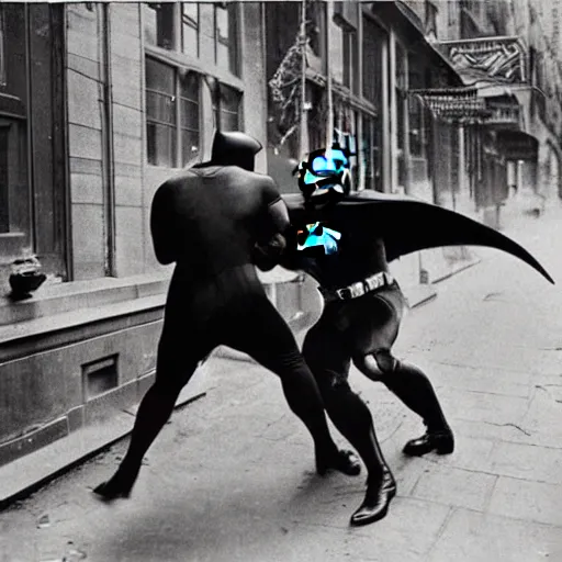 Prompt: old black and white photo, 1 9 2 5, depicting batman fighting a man in vintage suit in an ally of new york city, rule of thirds, historical record