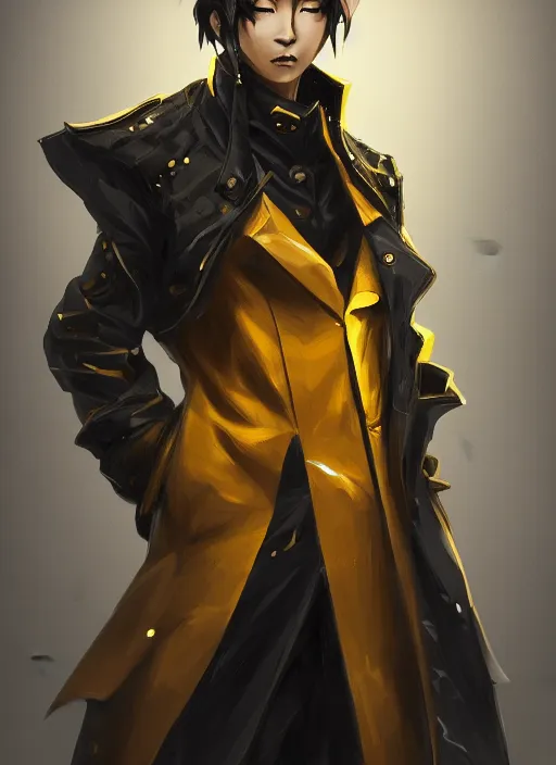 Prompt: a highly detailed illustration of young attractive japanese guy wearing black detective coat, yellow eyes, dramatic standing pose, intricate, elegant, highly detailed, centered, digital painting, artstation, concept art, smooth, sharp focus, league of legends concept art, wlop.