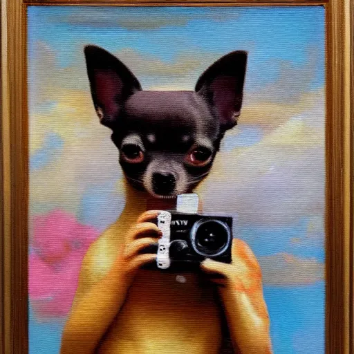 Prompt: chihuahua holding a camera, impressionist oil painting