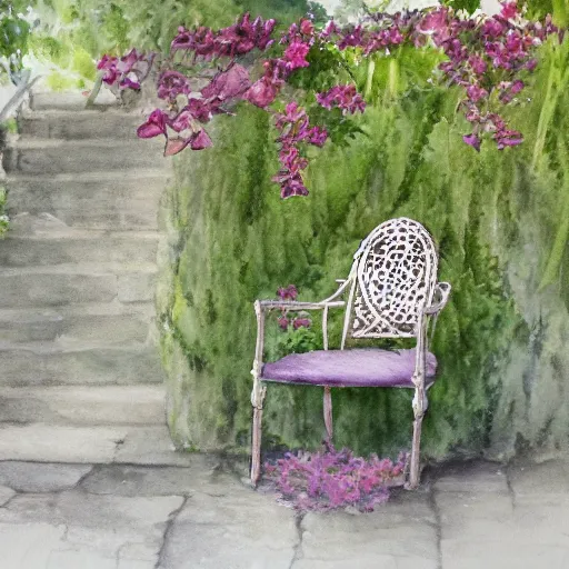 Prompt: delicate, mage enchanting chair, garden, paved, botanic watercolors, iridescent, 8 k, realistic shaded, fine details, artstation, italian, iron gate, tree, mediterranean
