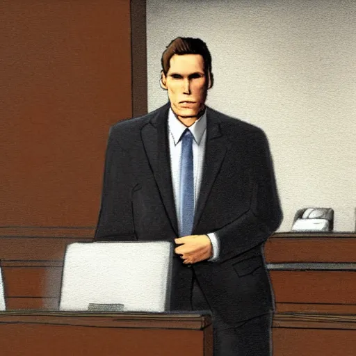 Image similar to jerma 9 8 5, still image of jerma 9 8 5 on trial, courtroom photo, courtroom interior background, detailed face