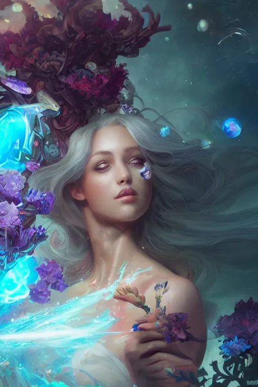 Prompt: beautiful girl necromancer covered with crystals exploding space, 3 d render, hyper realistic detailed portrait, holding magic flowers, scifi, fantasy, hyper detailed, octane render, concept art, peter mohrbacher, artgerm, ruan jia, wlop