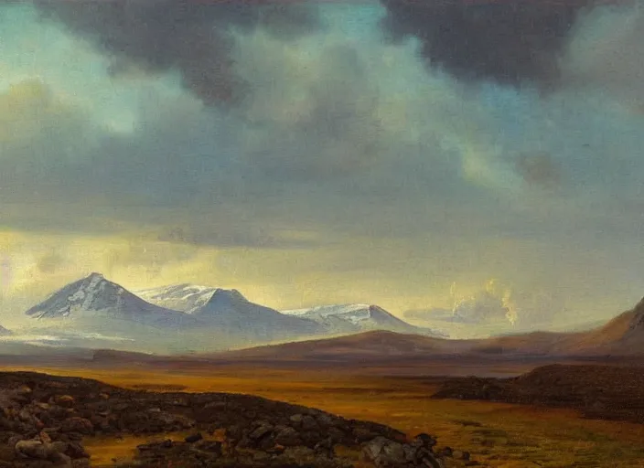 Image similar to vatnajokull national park, iceland in the style of hudson river school of art, oil on canvas