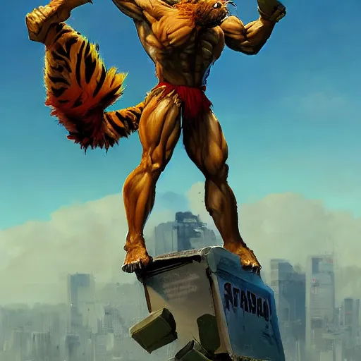 Image similar to shredded physique crisp defined Man Streetfighter Dude wearing Tiger Costume standing atop dumpster greg rutkowski greg danton tony sart raymond swanland chris foss chris cold christophe norman rockwell young acrylic 4k artstation wikiart wikipedia realism tilt-shift