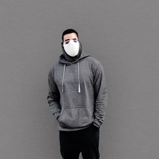 Image similar to a full body shot of an attractive man in a hoodie, covering his face with a black aesthetic mask