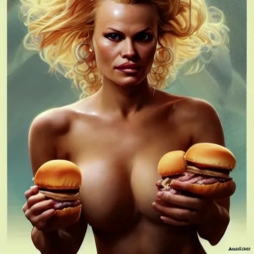 Image similar to portrait of Pamela Anderson eating hamburgers, extra onions and ketchup, luscious patty with sesame seeds, feminine ethereal, handsome, D&D, fantasy, intricate, elegant, highly detailed, digital painting, artstation, concept art, matte, sharp focus, illustration, art by Artgerm and Greg Rutkowski and Alphonse Mucha