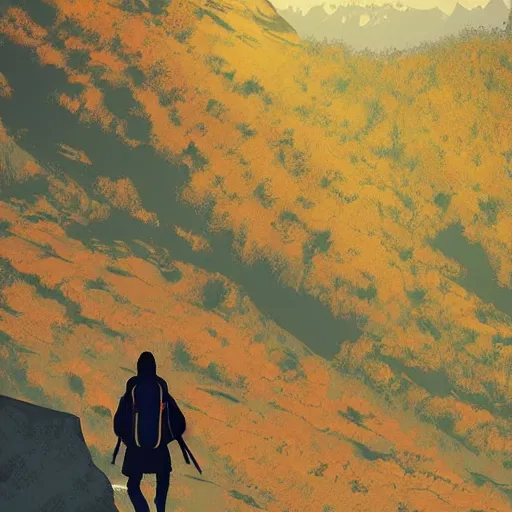 Image similar to person with hoodie walking up a mountain with a backpack that has katanas on the sides by ilya kuvshinov, amazing composition, astonishing detail, smooth lines, beautiful scenery