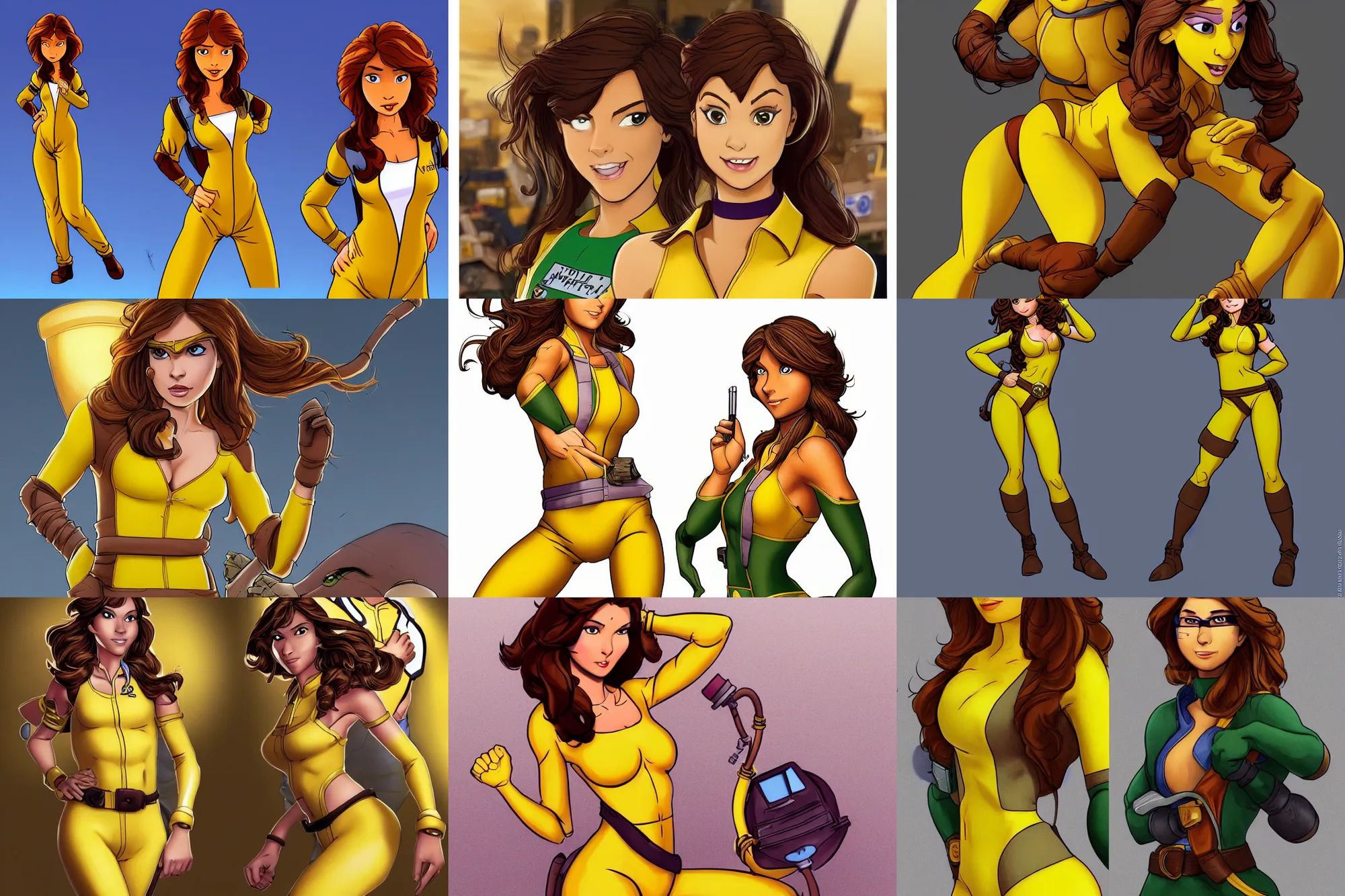 Image similar to beautiful brown hair female reporter in a yellow jumpsuit character april o ’ neil from animated series teenage mutant ninja turtles ( tmnt 1 9 8 7 ) _ dramatic _ intricate _ elegant _ highly _ detailed _ digital _ painting _ artstation _ concept _ art _ smooth _ sharp _ focus _ illustration