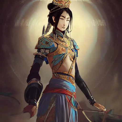 Image similar to ancient dynasty princess, dynasty warriors, cute face, 8 k beautiful, elegant, grafity, c 4 d, digital painting, smooth, concept art, in style of yoji shinkawa, pan ren wei, col price, atey ghailan, by greg rutkowski, aesthetic