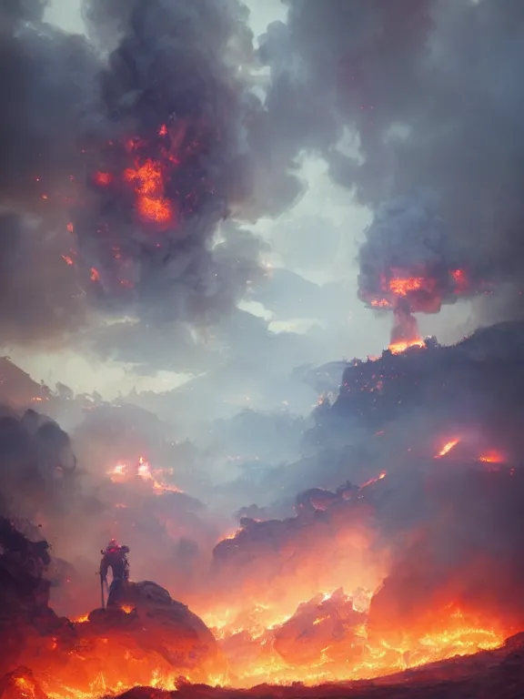 Prompt: photo of 8k ultra realistic oilfield on fire, ,heavy clouds, smoke, full of colour, cinematic lighting, battered, trending on artstation, 4k, hyperrealistic, focused, extreme details,unreal engine 5, cinematic, masterpiece, art by Peter Mohrbacher