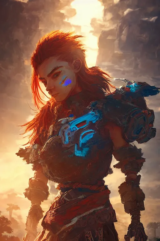 Image similar to combination suit armor aloy horizon forbidden west horizon zero dawn radiating a glowing aura global illumination ray tracing hdr fanart arstation by ian pesty and alena aenami artworks in 4 k tribal robot ninja mask helmet backpack