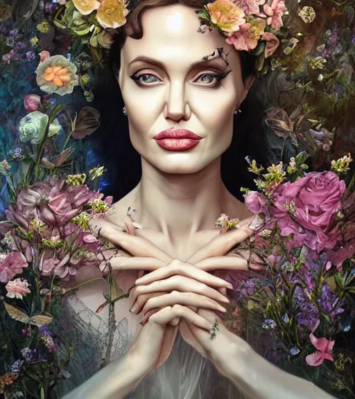 Prompt: portrait of the angelina jolie of the underworld, surrounded by flowers by karol bak, james jean, tom bagshaw, rococo, trending on artstation, cinematic lighting, hyper realism, octane render, 8 k, hyper detailed.