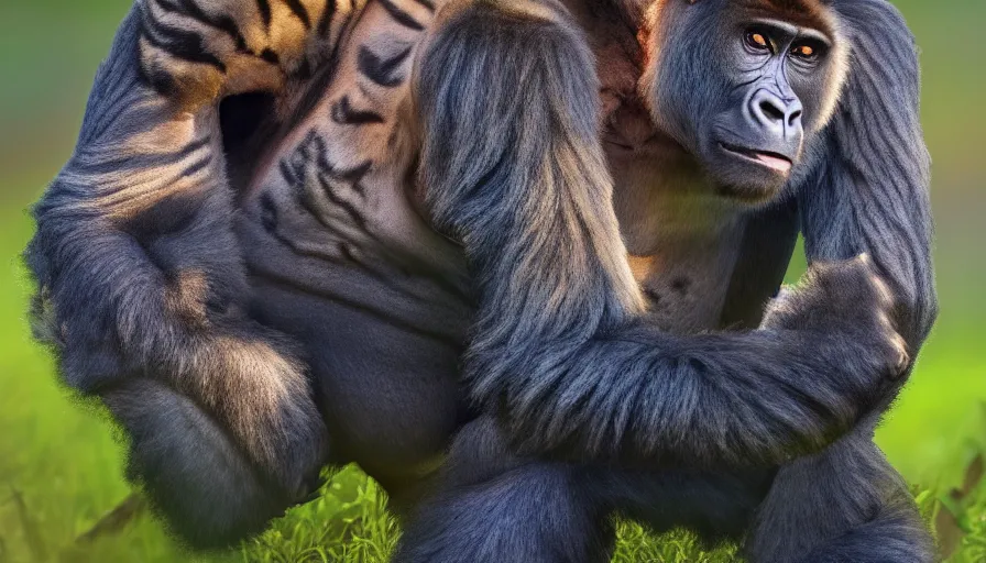 Image similar to a tiger gorilla!!! hybrid! hyper realistic!! realistic lighting!! wildlife photographer of the year!!! bold natural colors, national geographic, hd, wide angle, 8 k